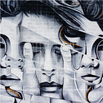 A large mural of three abstract male faces next to one another, with the middle held with thumbs covering the eyelids and jagged lines running diagonally from top left to bottom right