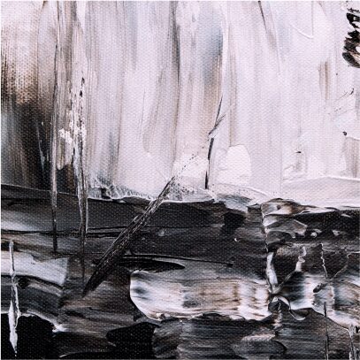 An obscure, expressive painting of various horizontal and vertical brush strokes with light cream and white tones at the top, eventually changing to dark and blacker tones at the bottom