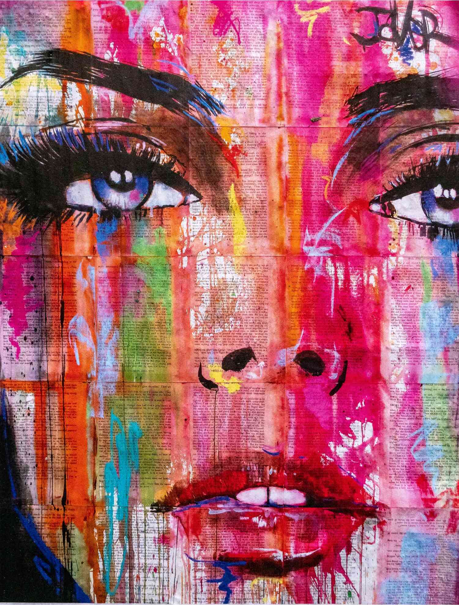 A large, vibrant painting of a woman's face on a series of news clippings using a combination of pink, orange, green, blue and black tones