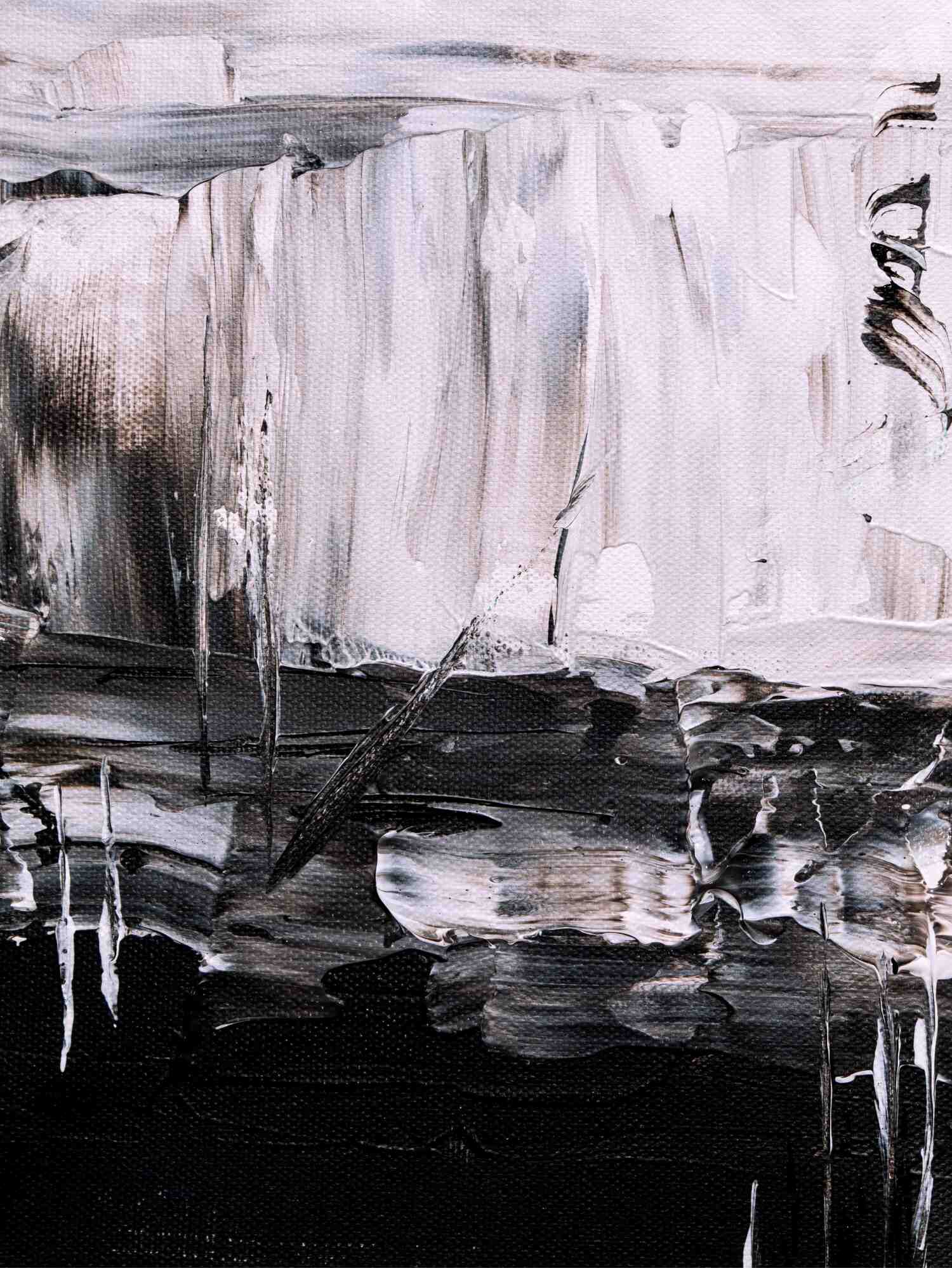 An obscure, expressive painting of various horizontal and vertical brush strokes with light cream and white tones at the top, eventually changing to dark and blacker tones at the bottom