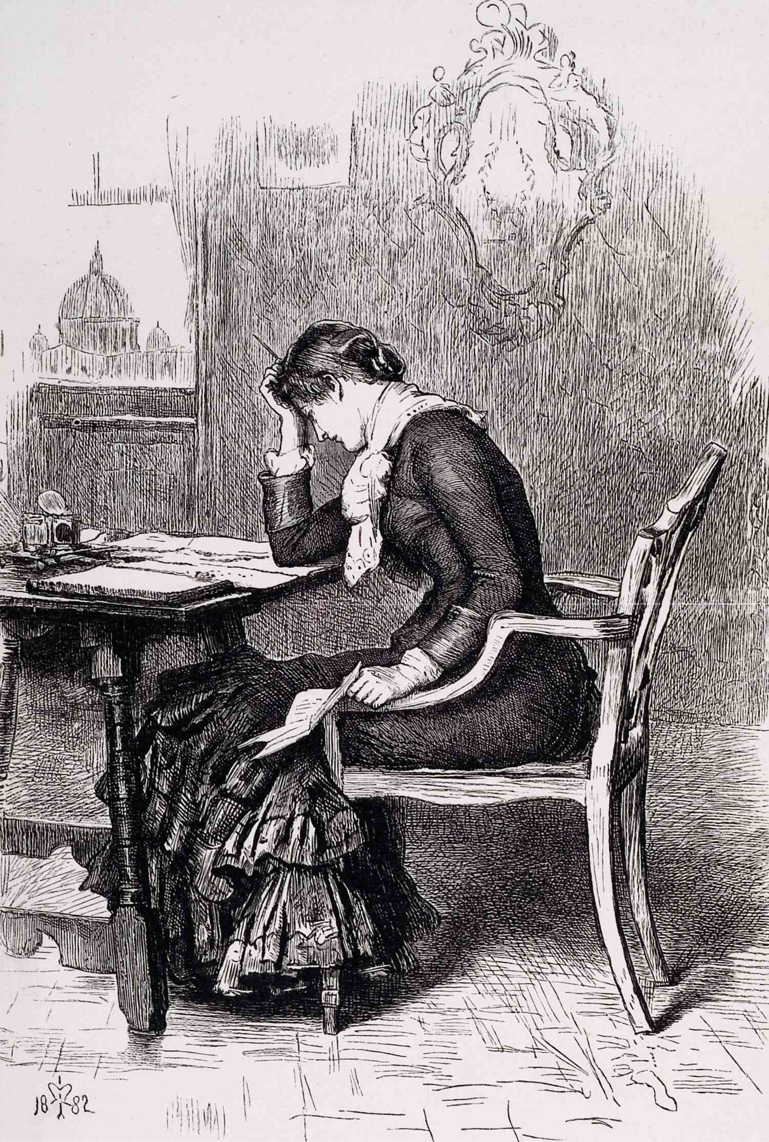 A sketch of a Victorian woman sitting at a desk looking at a sheet of paper, dressed in long dark garments, holding a quill in her right hand and a collection of papers in her left, with the numbers 1882 in the bottom left and a figure with a heart-shaped head in between the second and third numbers